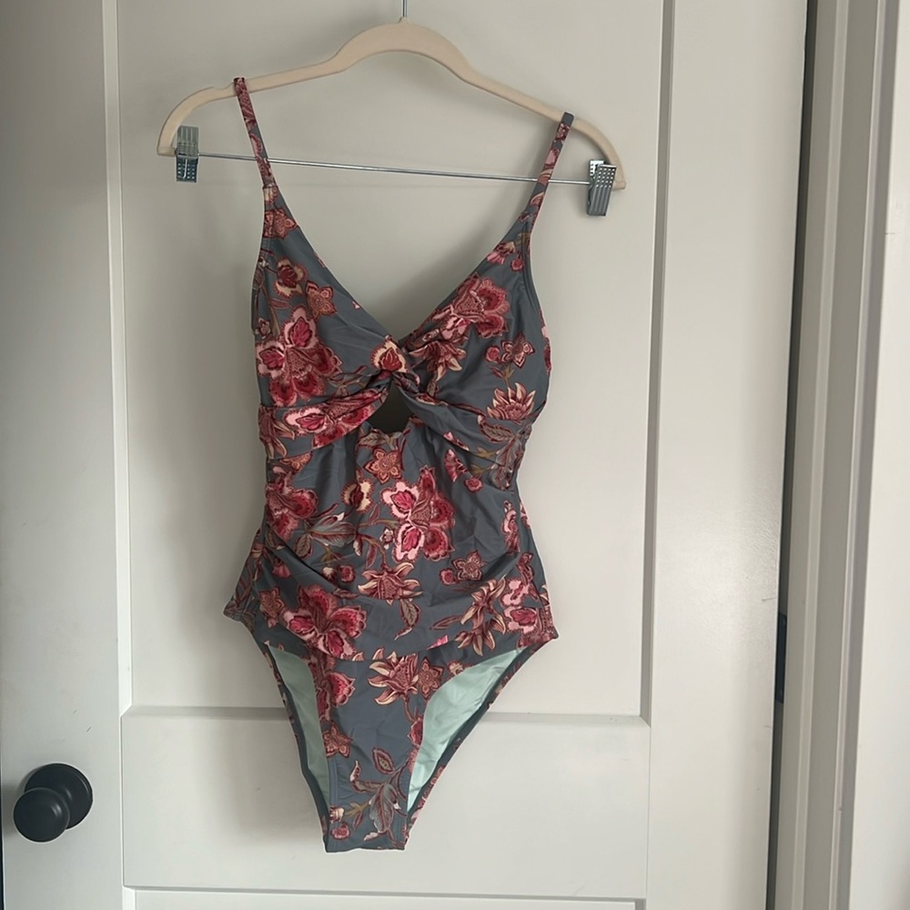 Floral Kids One Piece Swimsuit - Gray and Red